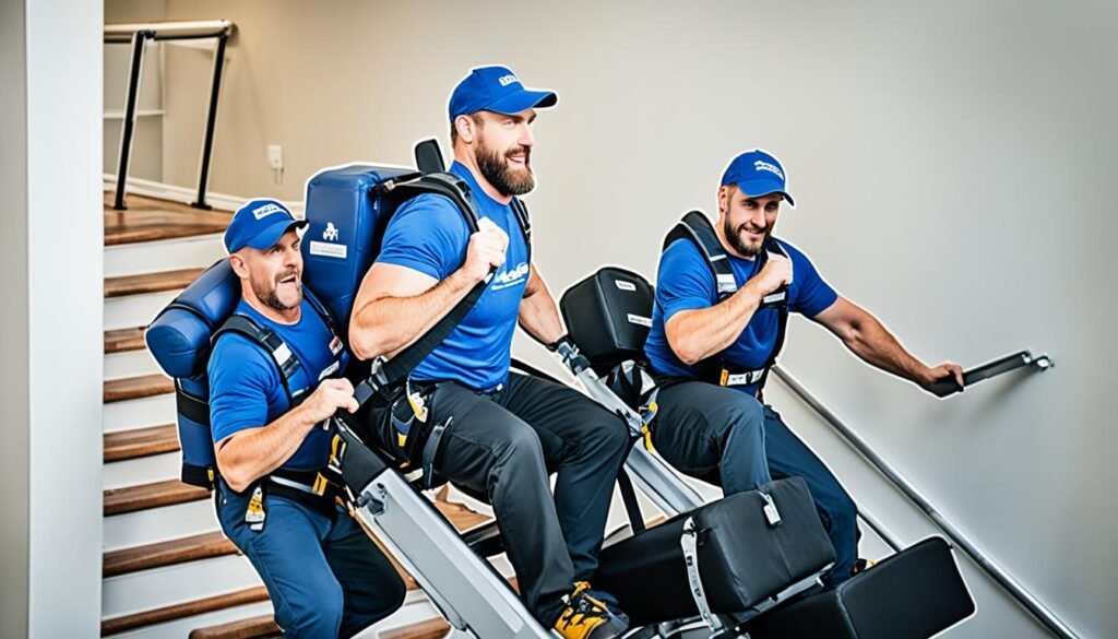Professional movers delivering massage chair upstairs