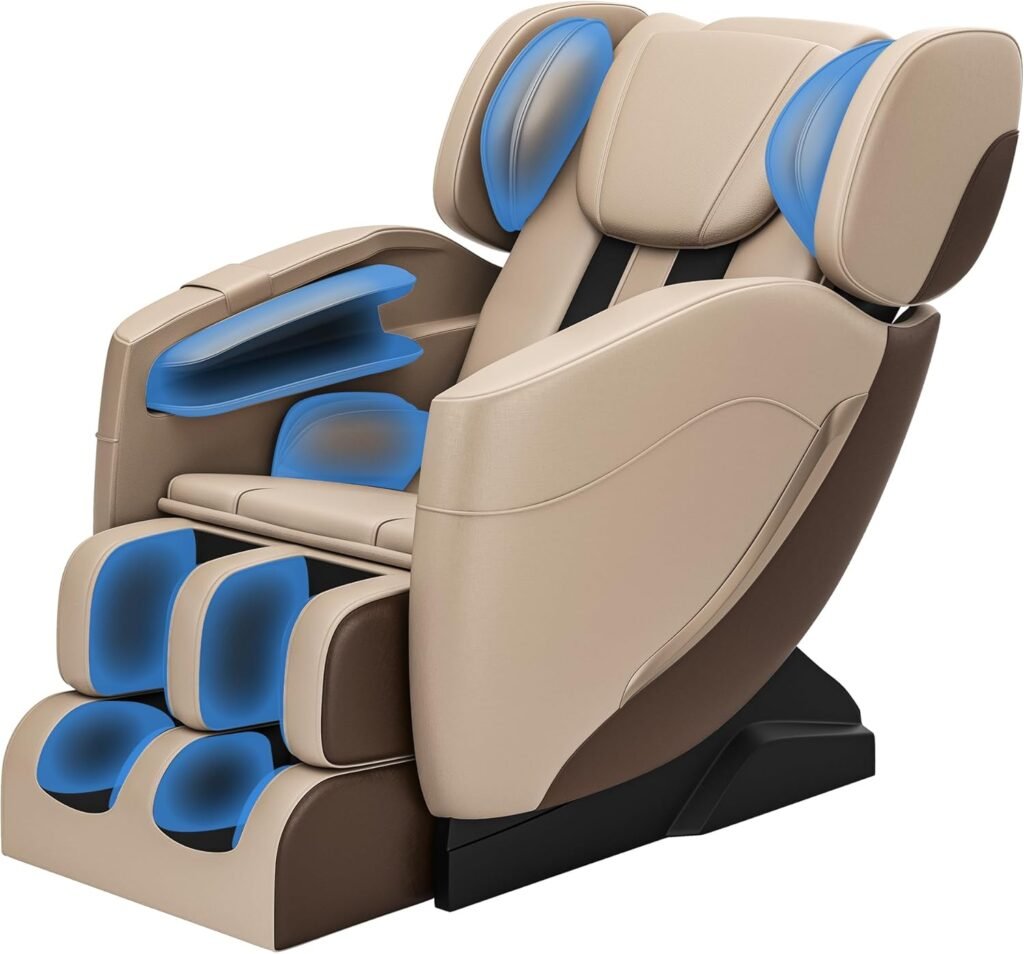 2024 Massage Chair, Full Body Zero Gravity Massage Chair with Auto Modes, 8 Fix Point Rollers, Bluetooth, Foot Massage, Heating Function, Brown and Khaki