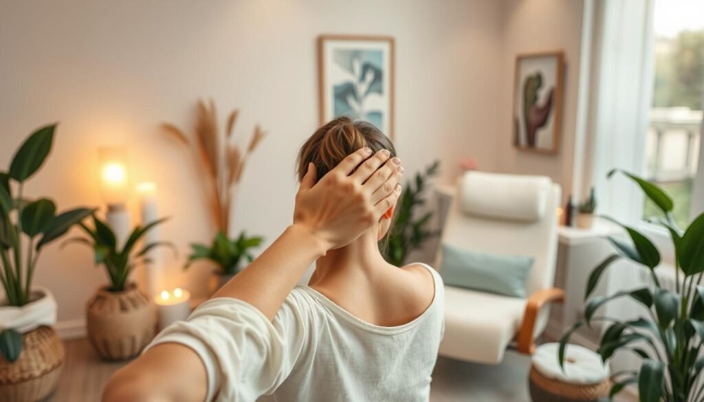 Self-massage for trapezius muscle in a relaxing environment