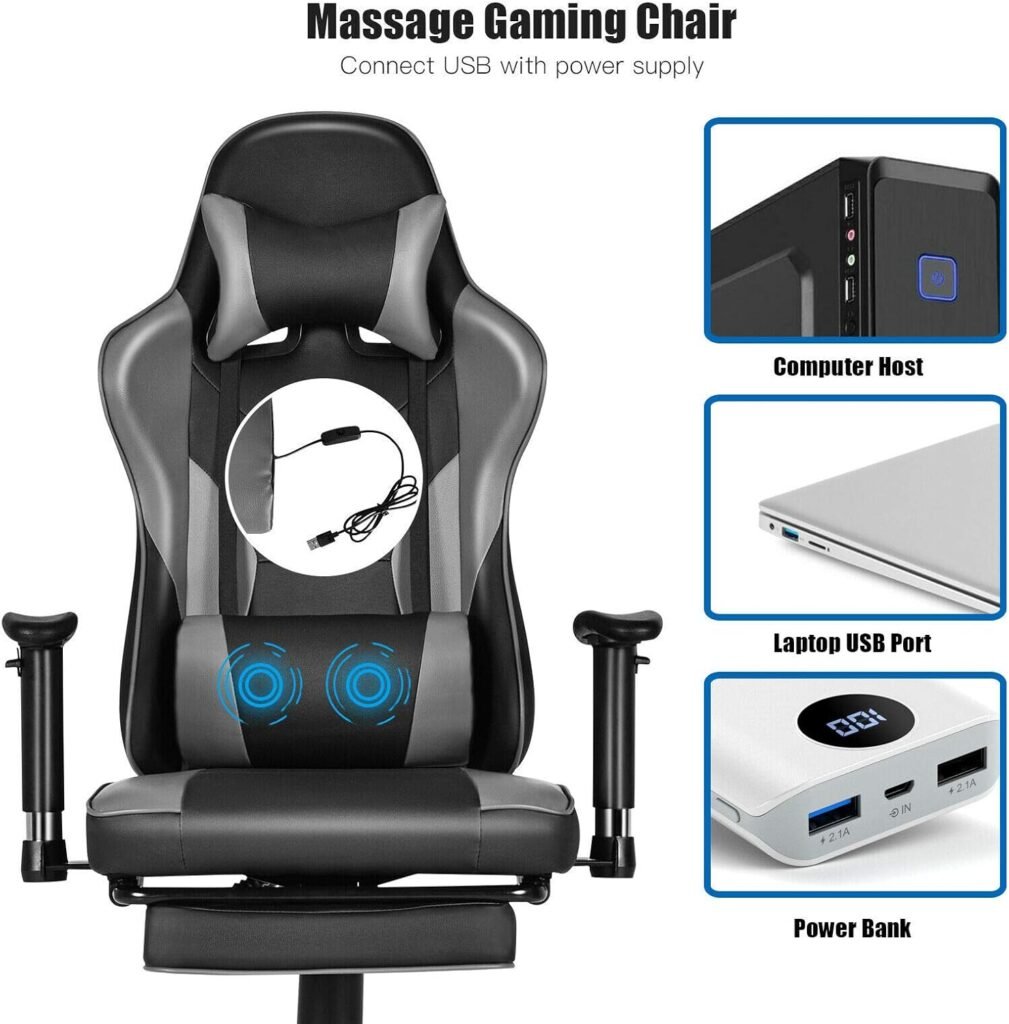ARLIME Massage Gaming Chair, Adjustable Racing Computer Task Chair Recliner, 360 Degree Rotation Free Sliding Office Chair w/Retractable Footrest (Black)