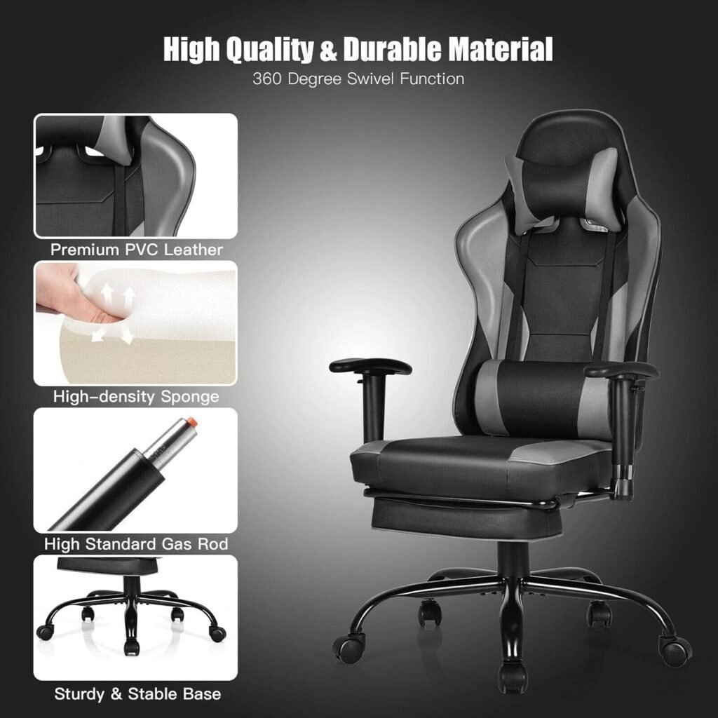 ARLIME Massage Gaming Chair, Adjustable Racing Computer Task Chair Recliner, 360 Degree Rotation Free Sliding Office Chair w/Retractable Footrest (Black)