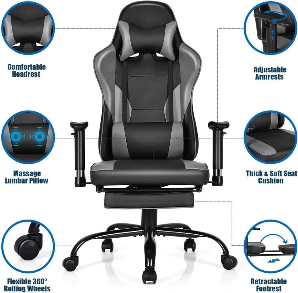 ARLIME Massage Gaming Chair, Adjustable Racing Computer Task Chair Recliner, 360 Degree Rotation Free Sliding Office Chair w/Retractable Footrest (Black)