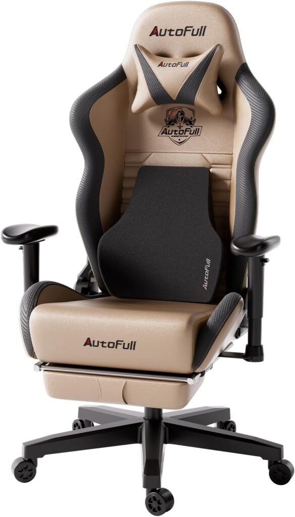 AutoFull Gaming Chair, Racing Style Gaming Chair with Ergonomic Lumbar Support,Adjustable High Back PU Leather PC Chair with Footrest,Brown