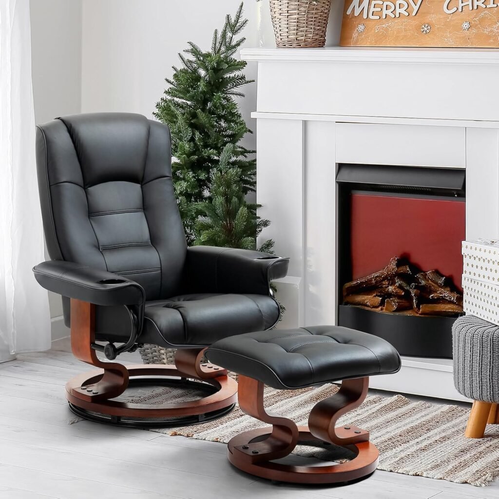 AVAWING Reclining Chair with Vibration Massage Faux Leather Recliner with Ottoman Swivel Wood Recliner Chairs for Living Room, Beige