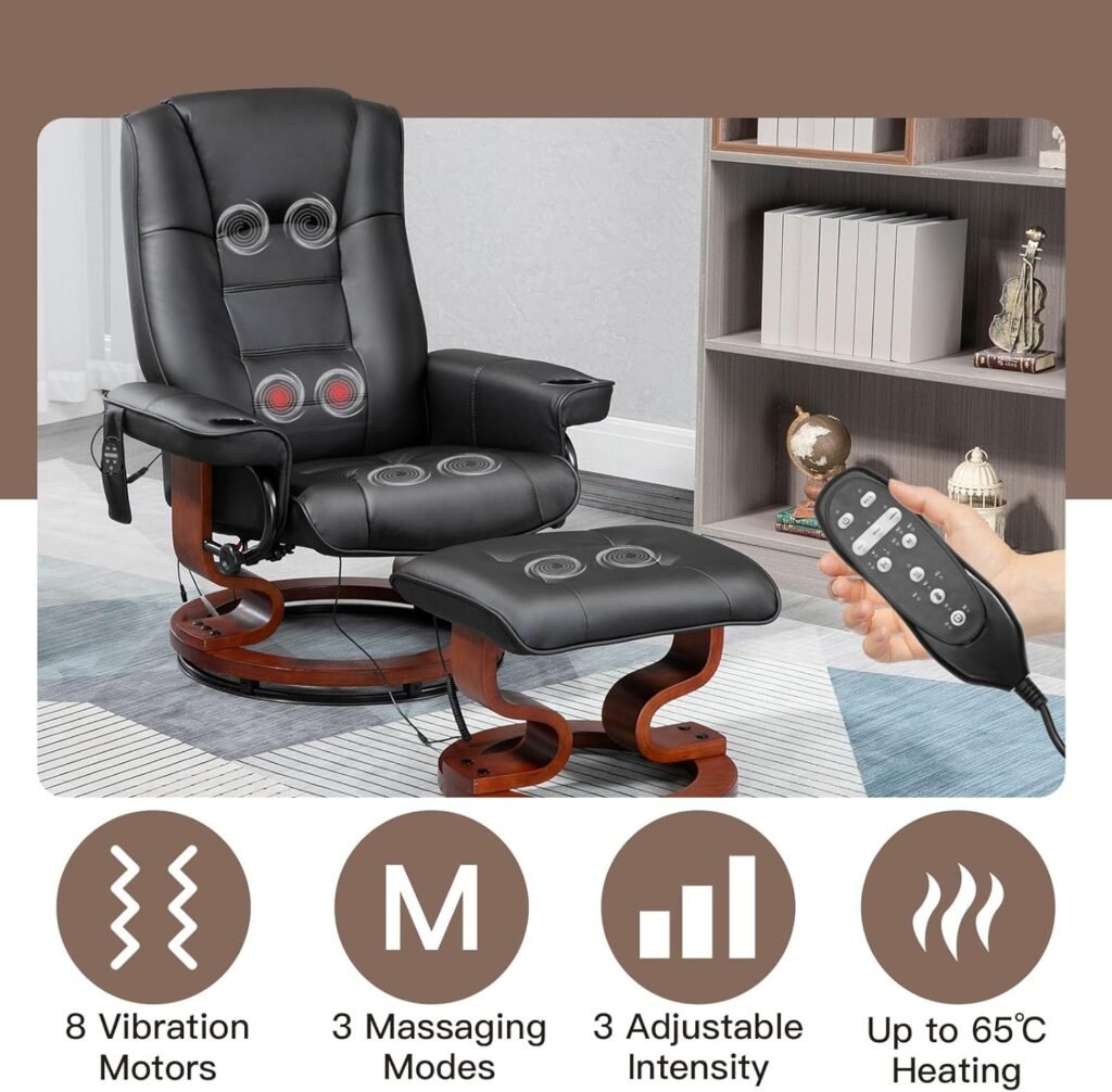 AVAWING Reclining Chair with Vibration Massage Faux Leather Recliner with Ottoman Swivel Wood Recliner Chairs for Living Room, Beige