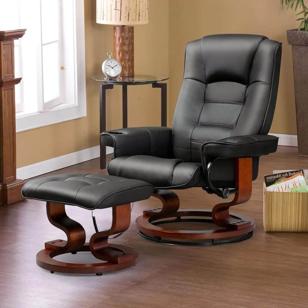 AVAWING Reclining Chair with Vibration Massage Faux Leather Recliner with Ottoman Swivel Wood Recliner Chairs for Living Room, Beige
