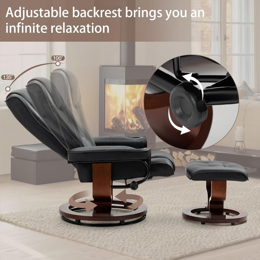 AVAWING Reclining Chair with Vibration Massage Faux Leather Recliner with Ottoman Swivel Wood Recliner Chairs for Living Room, Beige