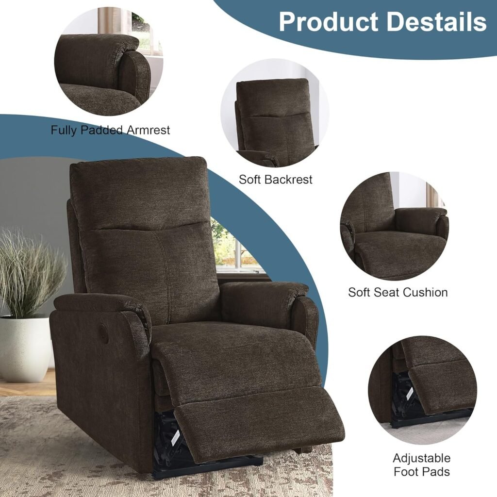 Electric Power Chair Foam Upholstered Lounge Single Sofa for Adults with USB Charging Ports, Home Theater Seating, Compact Recliners for Living Room and Bedroom, Dark Brown