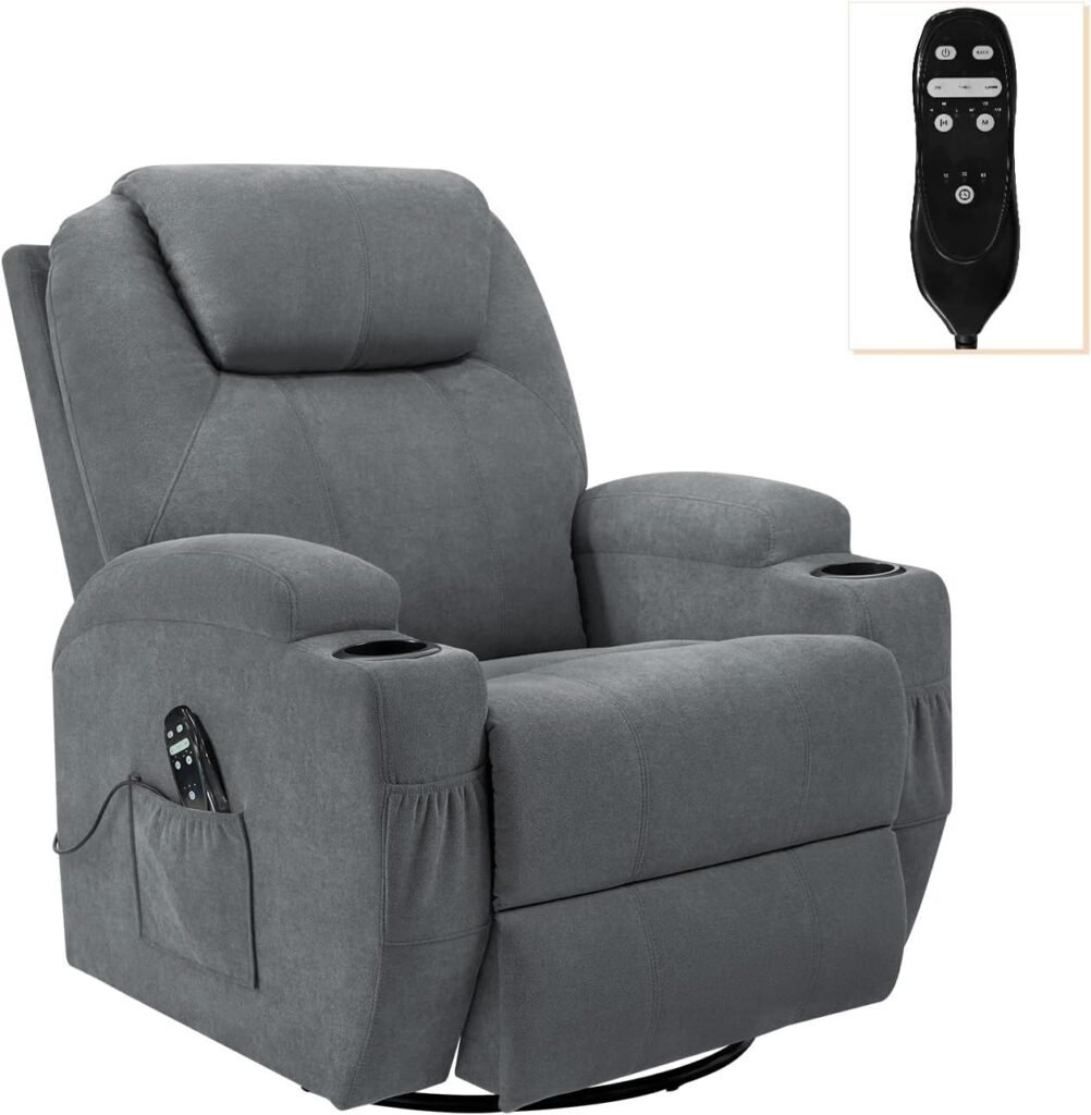 Flamaker Rocking Chair Recliner Chair with Massage Swivel Ergonomic Lounge Chair Classic Single Sofa with 2 Cup Holders Side Pockets Living Room Chair Home Theater Seat (Gray)