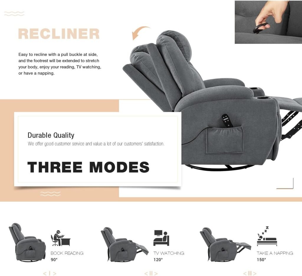 Flamaker Rocking Chair Recliner Chair with Massage Swivel Ergonomic Lounge Chair Classic Single Sofa with 2 Cup Holders Side Pockets Living Room Chair Home Theater Seat (Gray)