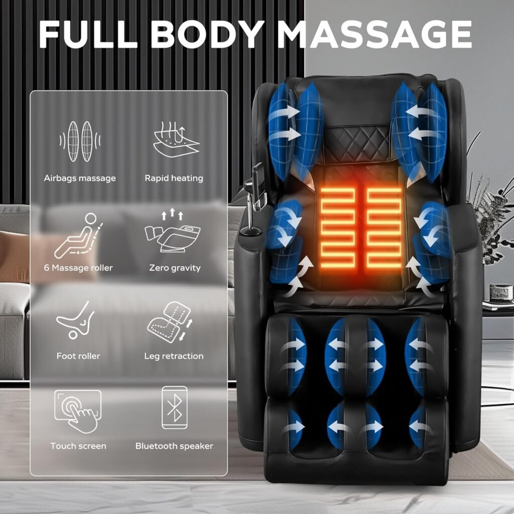 Full Body Massage Chair with Zero Gravity, Massage Chair Recliner with Heating, Airbags, Bluetooth Speaker, Foot Roller, Touch Screen