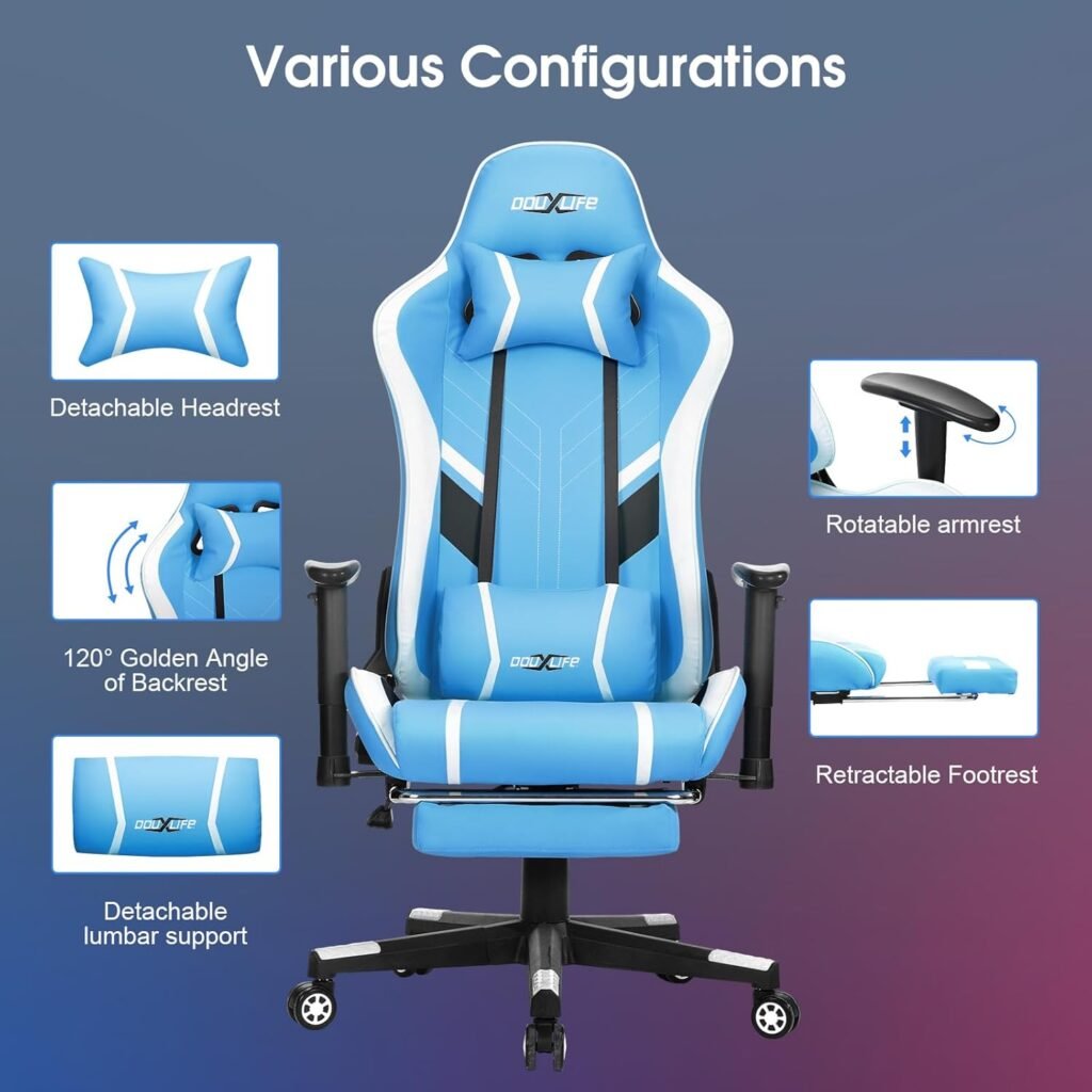 Gaming Chair Massage PC Gaming Chair Office Chair Ergonomic Computer Chair with Rolling Swivel Task Chair Lumbar Support Footrest Headrest, Light Blue