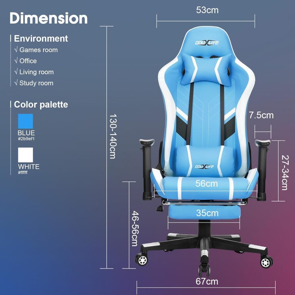 Gaming Chair Massage PC Gaming Chair Office Chair Ergonomic Computer Chair with Rolling Swivel Task Chair Lumbar Support Footrest Headrest, Light Blue