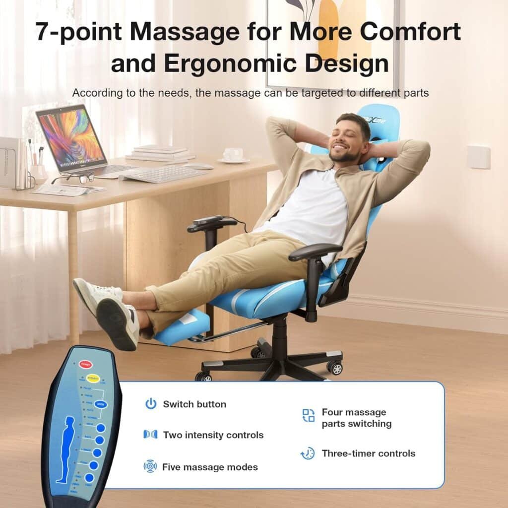 Gaming Chair Massage PC Gaming Chair Office Chair Ergonomic Computer Chair with Rolling Swivel Task Chair Lumbar Support Footrest Headrest, Light Blue