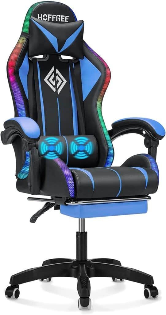 Gaming Chair Massage with LED Lights and Ergonomic Computer Gaming Chair with Footrest High Back Video Game Chairs with Adjustable Lumbar Support Blue and Black
