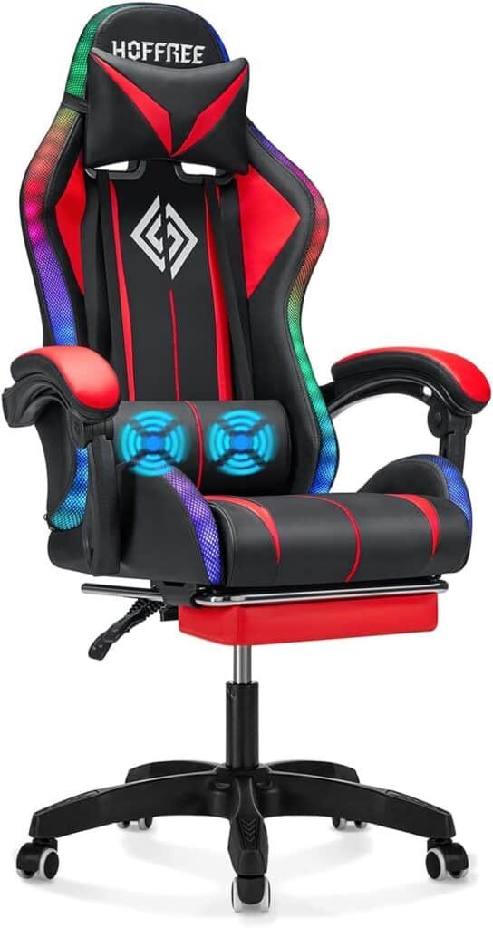 Gaming Chair Massage with LED Lights and Ergonomic Computer Gaming Chair with Footrest High Back Video Game Chairs with Adjustable Lumbar Support Blue and Black