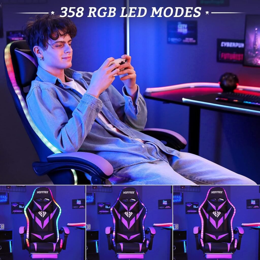 Gaming Chair with Bluetooth Speakers and RGB LED Lights Ergonomic Massage Computer Gaming Chair with Footrest Video Game Chair High Back with Lumbar Support Light Green and Black
