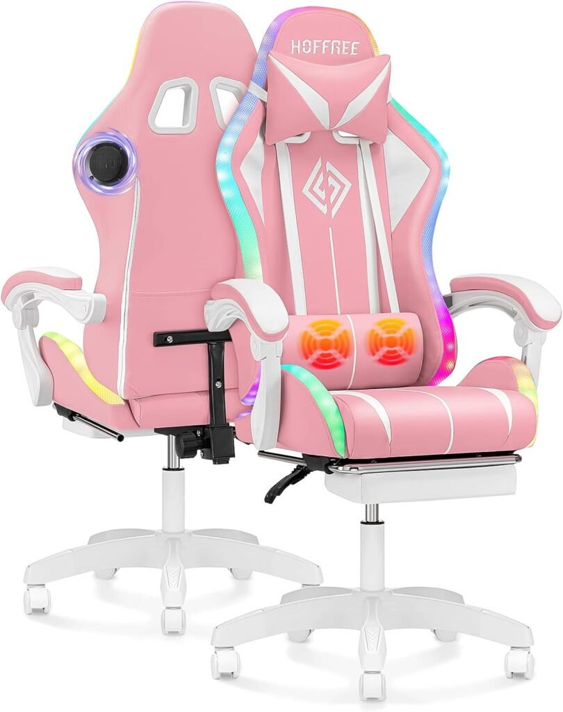 Gaming Chair with Bluetooth Speakers and RGB LED Lights Ergonomic Massage Video Game Chair with Footrest High Back with Lumbar Support Blue and Black