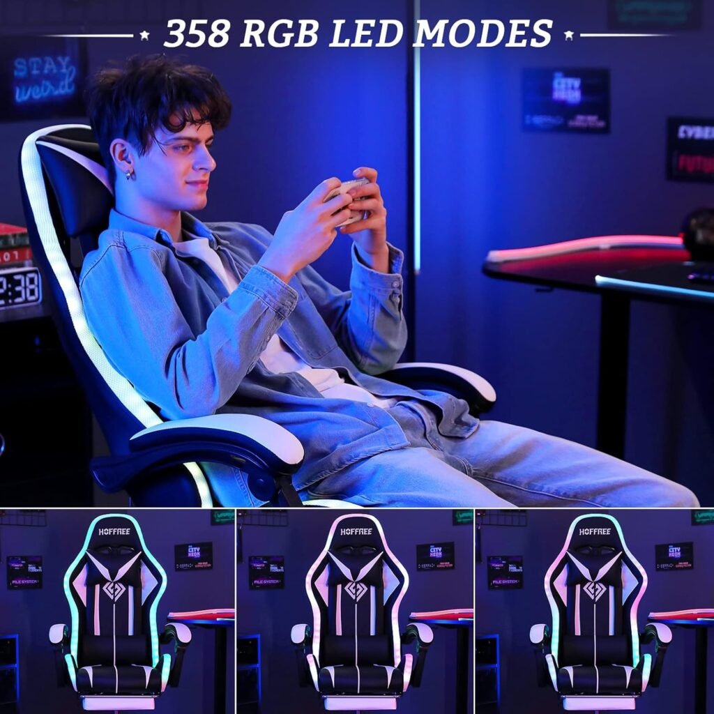 Gaming Chair with Bluetooth Speakers and RGB LED Lights Ergonomic Massage Video Game Chair with Footrest High Back with Lumbar Support Blue and Black