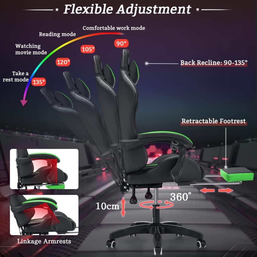 Gaming Chair with Speakers and LED Lights Ergonomic Computer Chair with Massage and Footrest Reclining Video Game Chair for Adults with Adjustable Lumbar Support Red and Black
