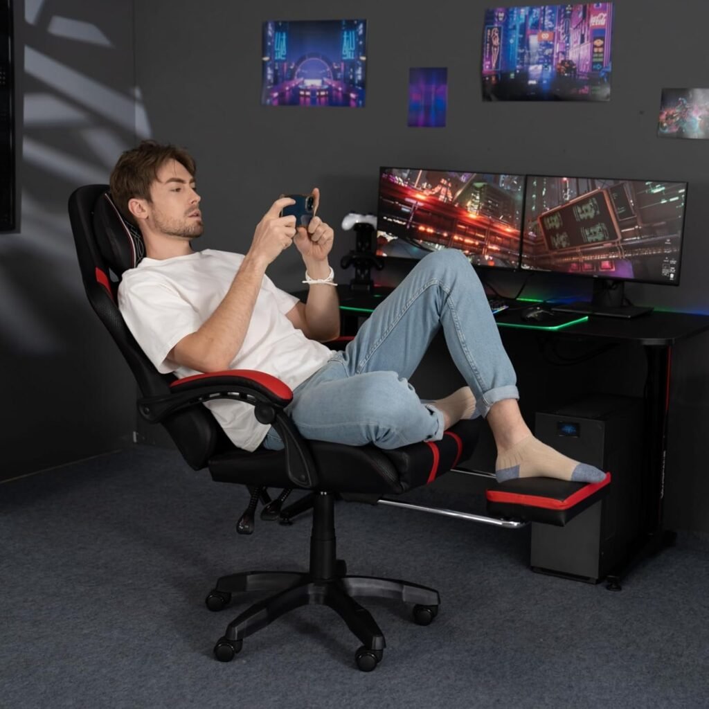 HOFFREE Gaming Chair Massage with Speakers Bluetooth and Footrest Big and Tall Video Game Chair for Heavy People 400lb with Massager for Adults White and Black