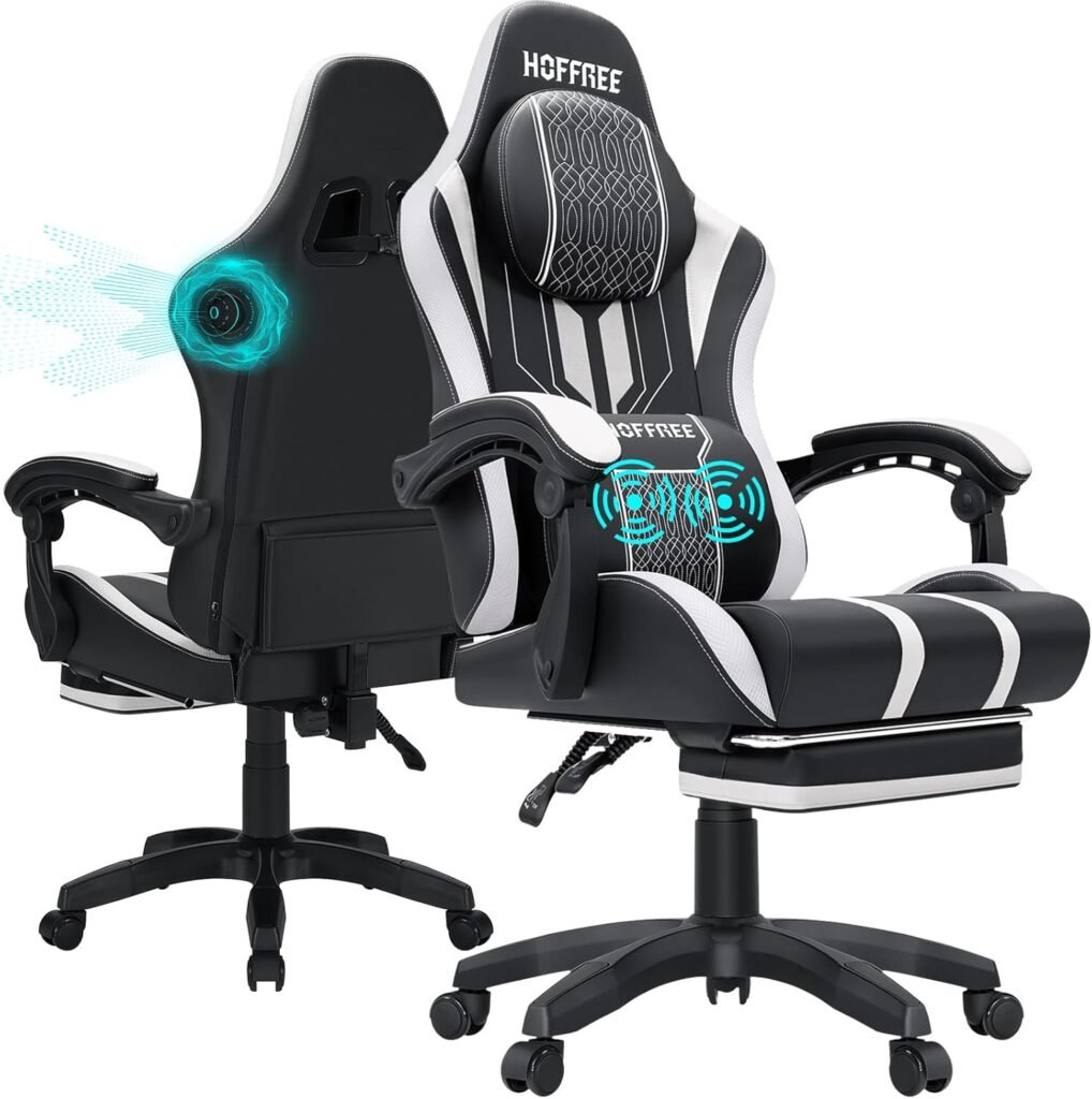 HOFFREE Gaming Chair Massage with Speakers Bluetooth and Footrest Big and Tall Video Game Chair for Heavy People 400lb with Massager for Adults White and Black