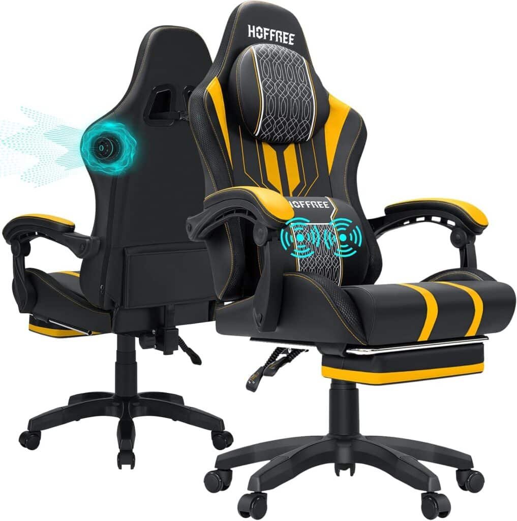HOFFREE Gaming Chair Massage with Speakers Bluetooth and Footrest Big and Tall Video Game Chair for Heavy People 400lb with Massager for Adults White and Black