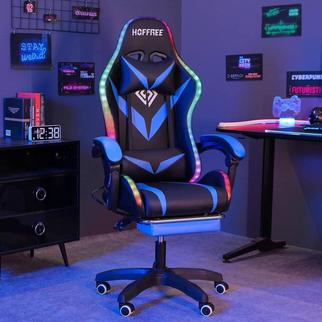 HOFFREE Gaming Chair with Massage and LED Lights Ergonomic Video Game Chairs with Footrest High Back Reclining Computer Chair with Adjustable Lumbar Support Green and Black