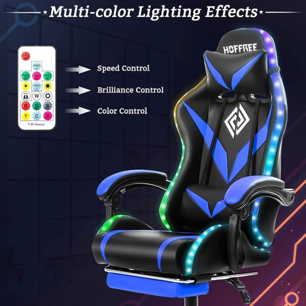 HOFFREE Led Gaming Chair with Massage Video Game Chairs with Footrest Ergonomic High Back Reclining Computer Chair Blue and Black