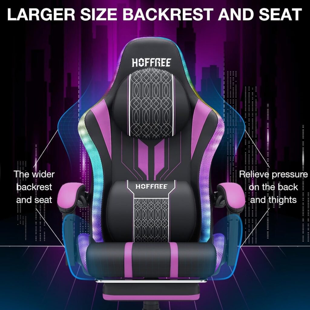 HOFFREE Led Gaming Chair with Speakers and Massage Video Game Chair Big and Tall for 400lbs with Footerst Reclining High Back Computer Desk Chair Red and Black
