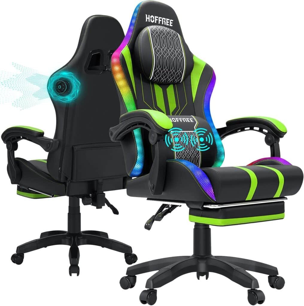 HOFFREE Led Gaming Chair with Speakers and Massage Video Game Chair Big and Tall for 400lbs with Footerst Reclining High Back Computer Desk Chair Red and Black