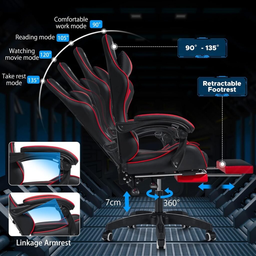 HOFFREE Massage Gaming Chair for Kids Computer Gamer Chair with Footrest and Lumbar Support Reclining PC Game Chair with Headrest for Gaming Room Red and Black