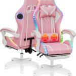 Hoffree Pink Gaming Chair With Bluetooth Speakers And Led Rgb Lights Cute Ergonomic Massage Computer Gaming Chair With F 150x150