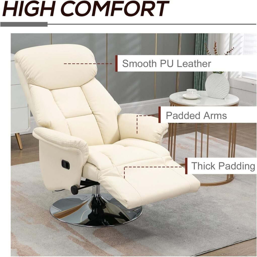 HOMCOM Swivel Recliner Chair, PU Leather Reclining Chair with Retractable Footrest, Padded Arms for Living Room - Cream White