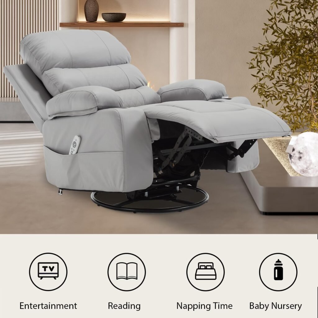 KCQ Massage Swivel Rocker Recliner Chairs with Heat Cup Holders Overstuffed Faux Leather Manual Rocking Recliner Lounge Chair for Living Room, 9155M Beige