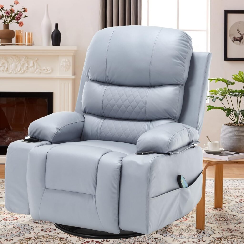 KCQ Massage Swivel Rocker Recliner Chairs with Heat Cup Holders Overstuffed Faux Leather Manual Rocking Recliner Lounge Chair for Living Room, 9155M Beige