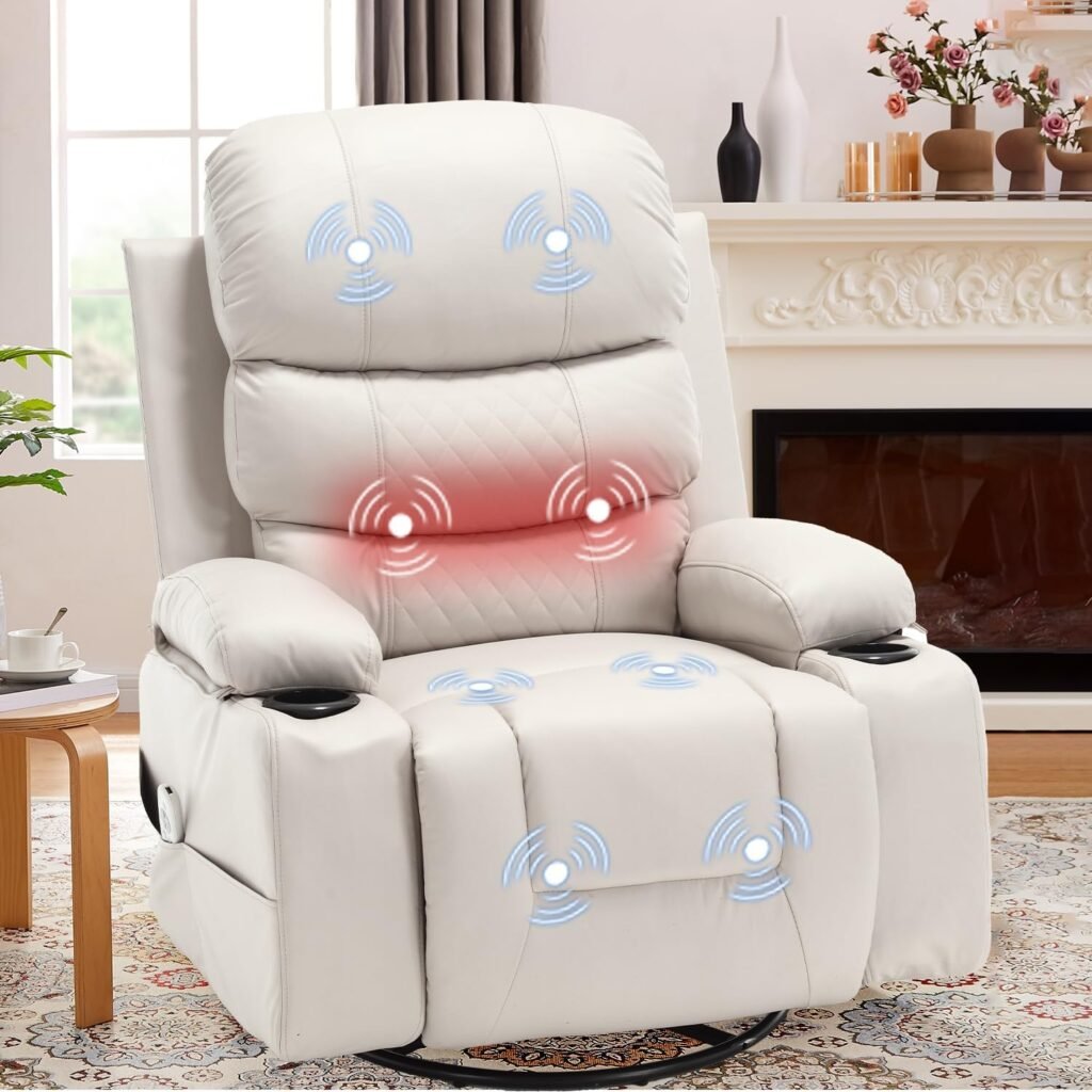 KCQ Massage Swivel Rocker Recliner Chairs with Heat Cup Holders Overstuffed Faux Leather Manual Rocking Recliner Lounge Chair for Living Room, 9155M Beige