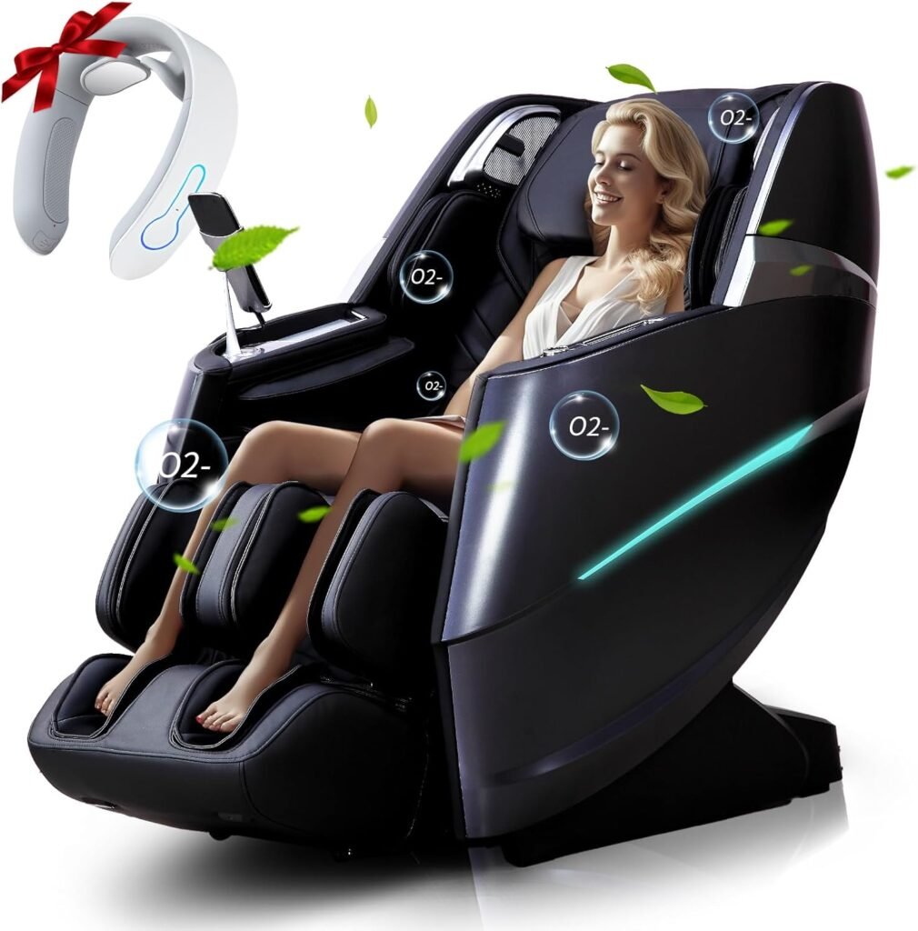 Massage Chair Full Body Zero Gravity, 55“ SL-Track,20 Auto Modes,11 Massage Technique, 40 Airbag Massage, with Yoga Stretch,APP Control, Negative Oxygen lons, Free Neck Massager（Black）