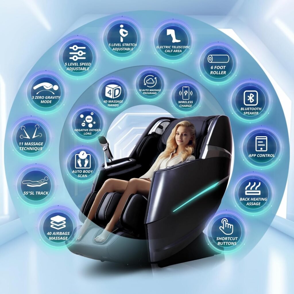Massage Chair Full Body Zero Gravity, 55“ SL-Track,20 Auto Modes,11 Massage Technique, 40 Airbag Massage, with Yoga Stretch,APP Control, Negative Oxygen lons, Free Neck Massager（Black）