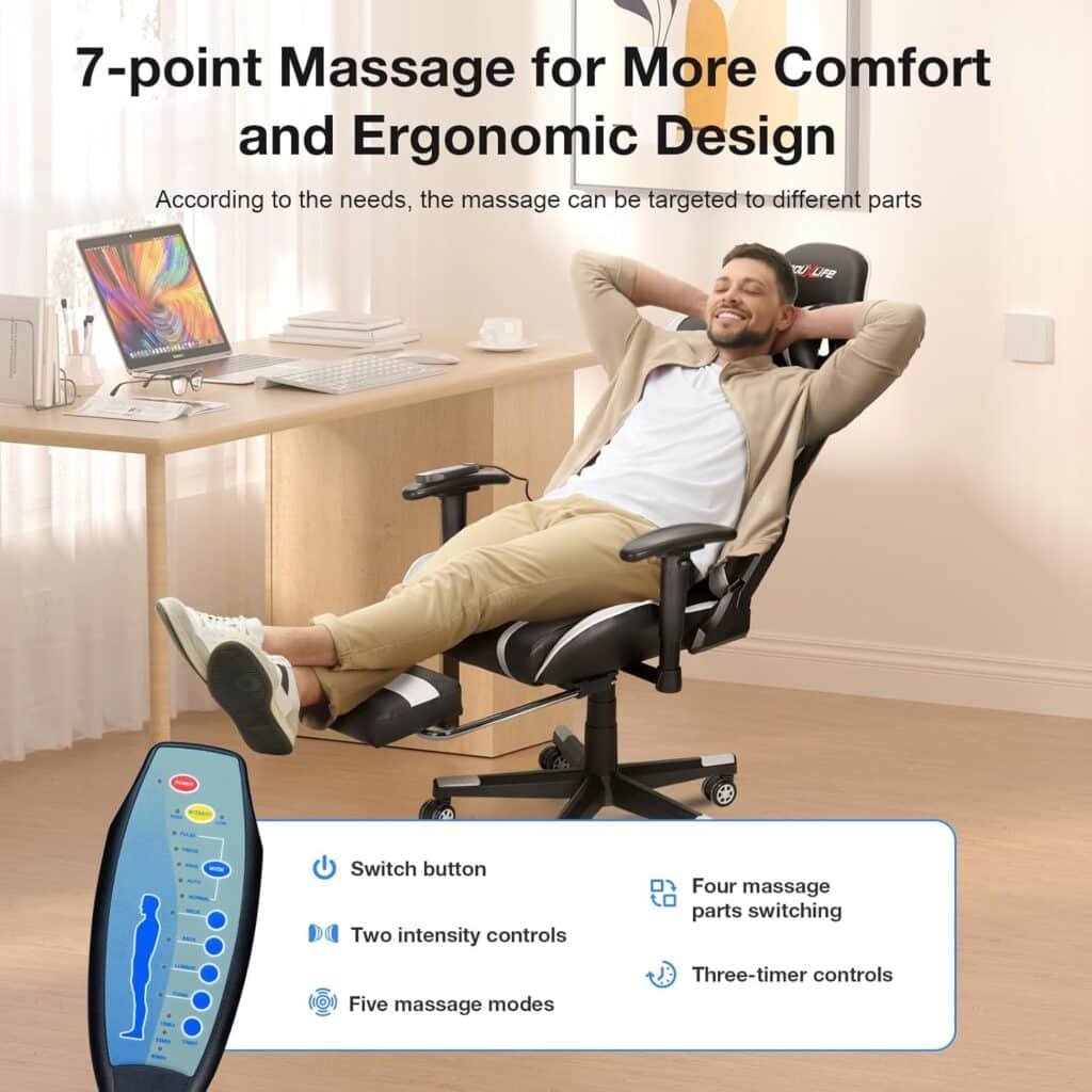 Massage Gaming Chair 7-Point, Office Chair with Footrest and Lumbar Support, Adjustable Seat Height Ergonomic, Thickened and Widened Cushions Backrest, 175° Reclining Max, White