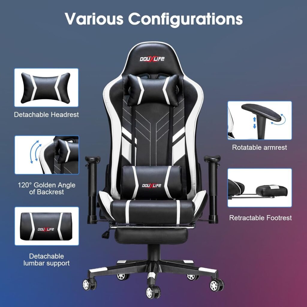 Massage Gaming Chair 7-Point, Office Chair with Footrest and Lumbar Support, Adjustable Seat Height Ergonomic, Thickened and Widened Cushions Backrest, 175° Reclining Max, White
