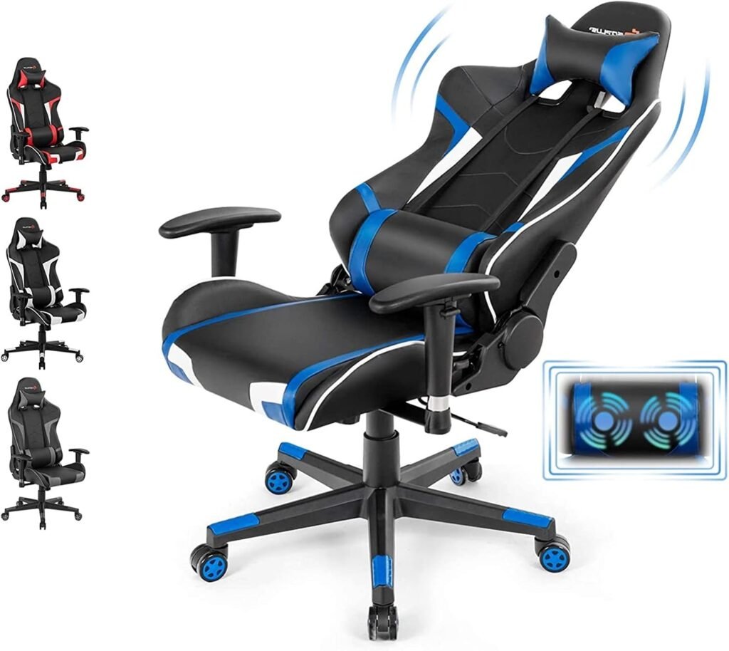 Massage Gaming Chair, High Back Office Computer Chair with Headrest and Lumbar Support, Racing Style Reclining Swiveling Game Chair for Home Office (Blue)