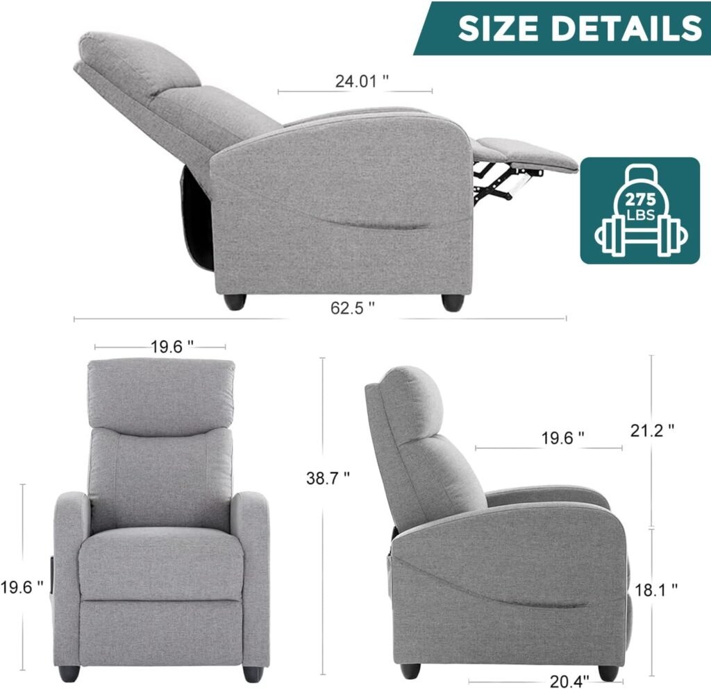 Massage Recliner Chair, Fabric Recliner Sofa Home Theater Seating with Lumbar Support Winback Single Sofa Armchair Reclining Chair Easy Lounge for Living Room Grey