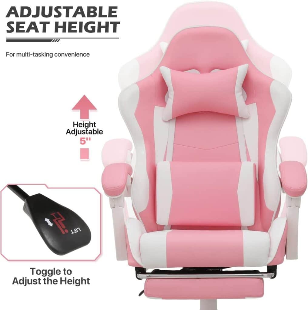 MoNiBloom Gaming Chair with Headrest  Lumbar Support Ergonomic Computer Racing Chair with Footrest, Adjustable Hight Leather Swivel Computer Chair for Adult Teen Office or Gaming, Pink