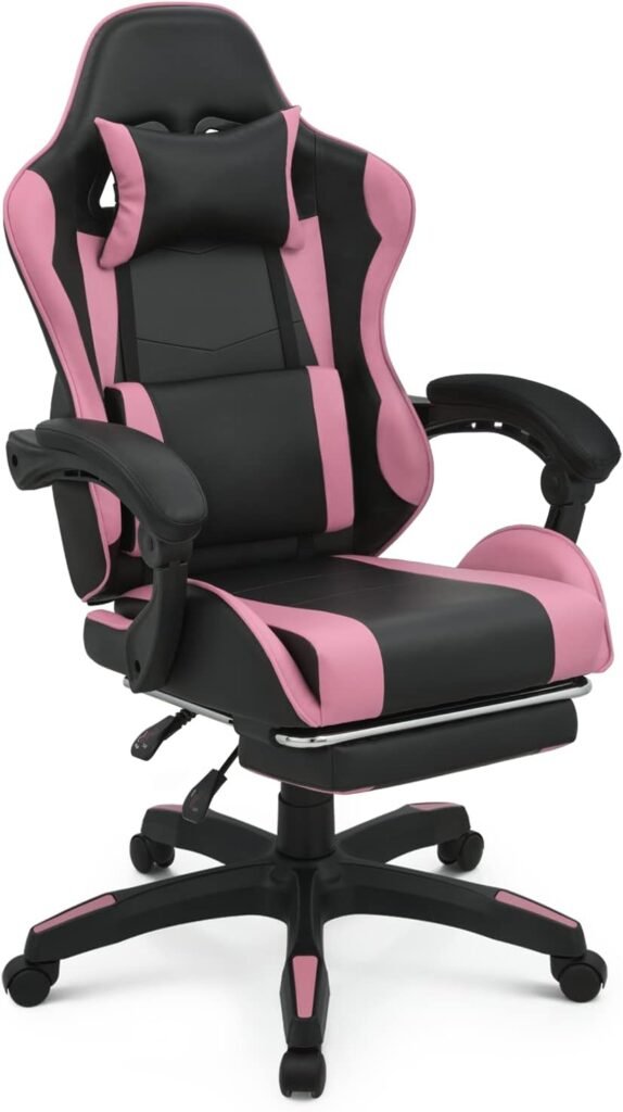 MoNiBloom Gaming Chair with Headrest  Lumbar Support Ergonomic Computer Racing Chair with Footrest, Adjustable Hight Leather Swivel Computer Chair for Adult Teen Office or Gaming, Pink