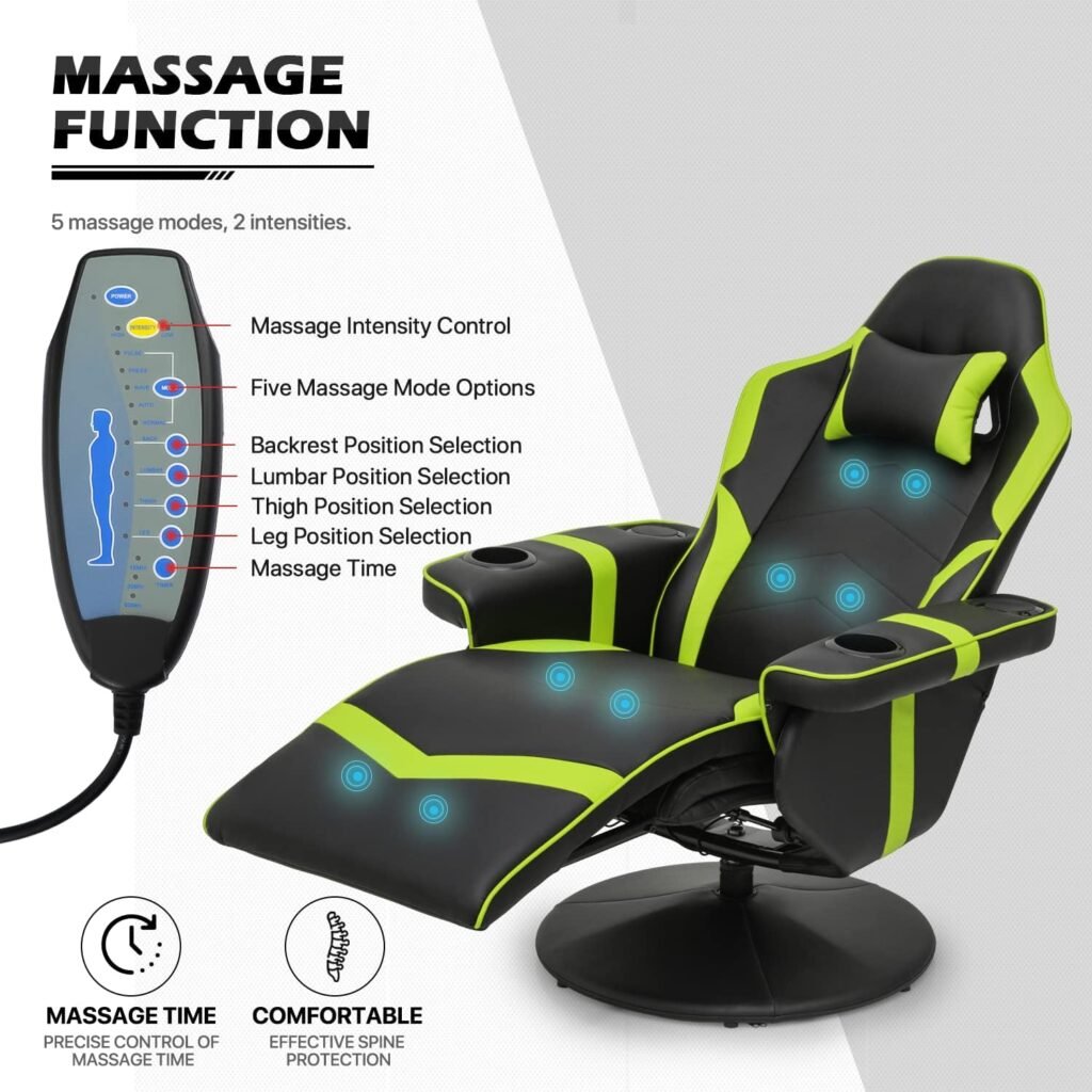 MoNiBloom Massage Gaming Recliner Chair with Speakers PU Leather Home Theater Seating Single Bedroom Video Game Sofa Recliners Ergonomic Gaming Couch with Detachable Neck Support and Footrest, Green