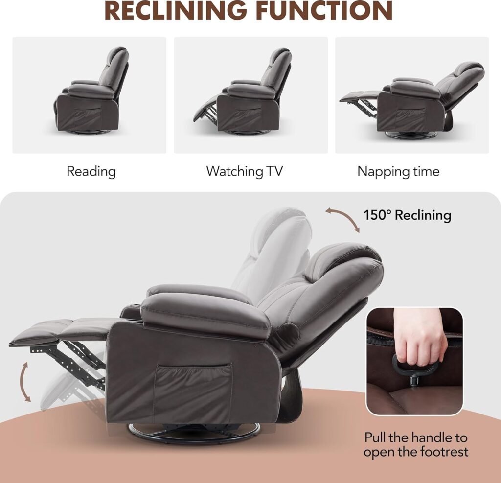 Oversized Swivel Rocker Recliner Chair with Heat and Massage, 360 Degree Swivel Rocking Single Sofa with Cup Holders and USB Port, Big Large Recliner Chair for Living Room (Fabric, Grey)