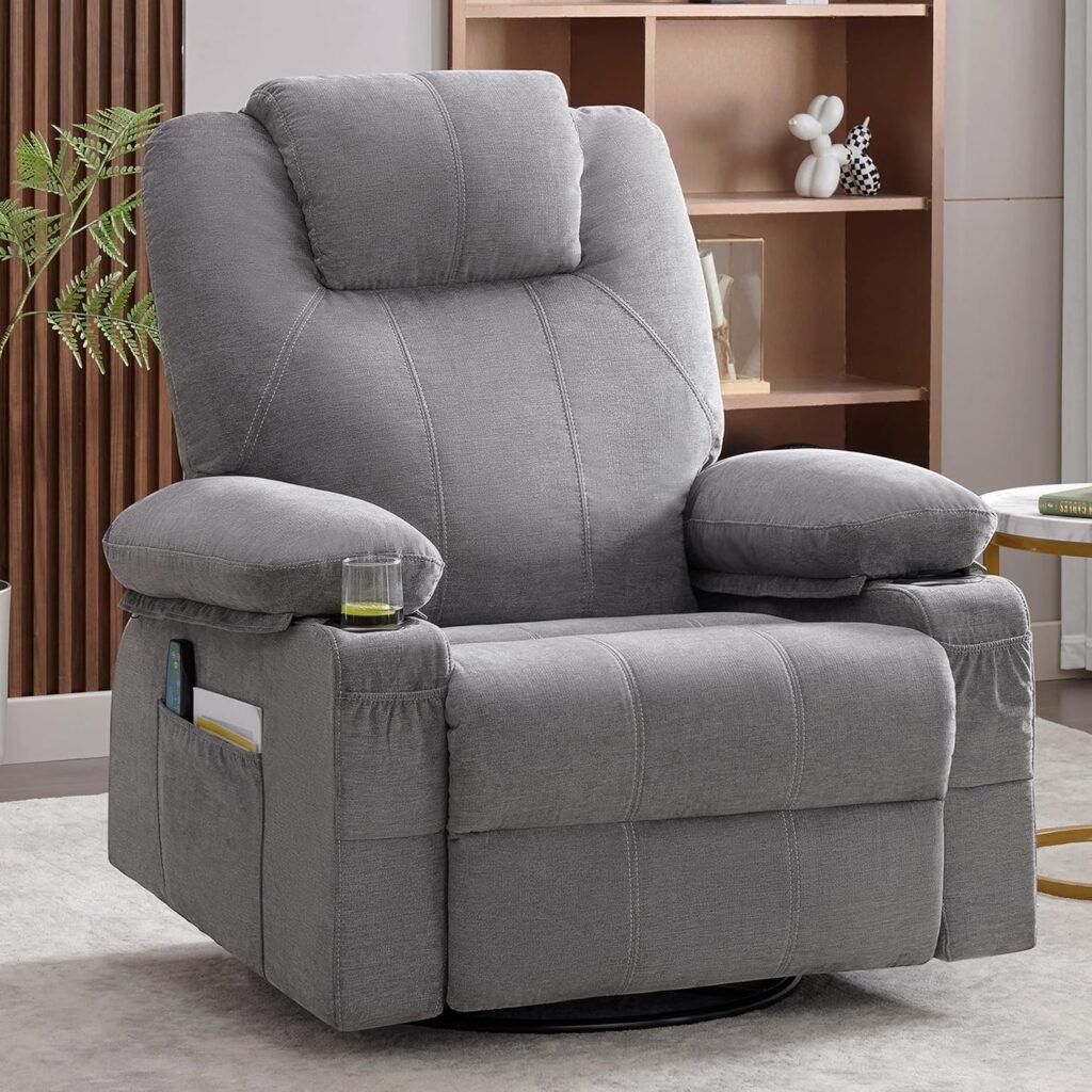 Oversized Swivel Rocker Recliner Chair with Heat and Massage, 360 Degree Swivel Rocking Single Sofa with Cup Holders and USB Port, Big Large Recliner Chair for Living Room (Fabric, Grey)