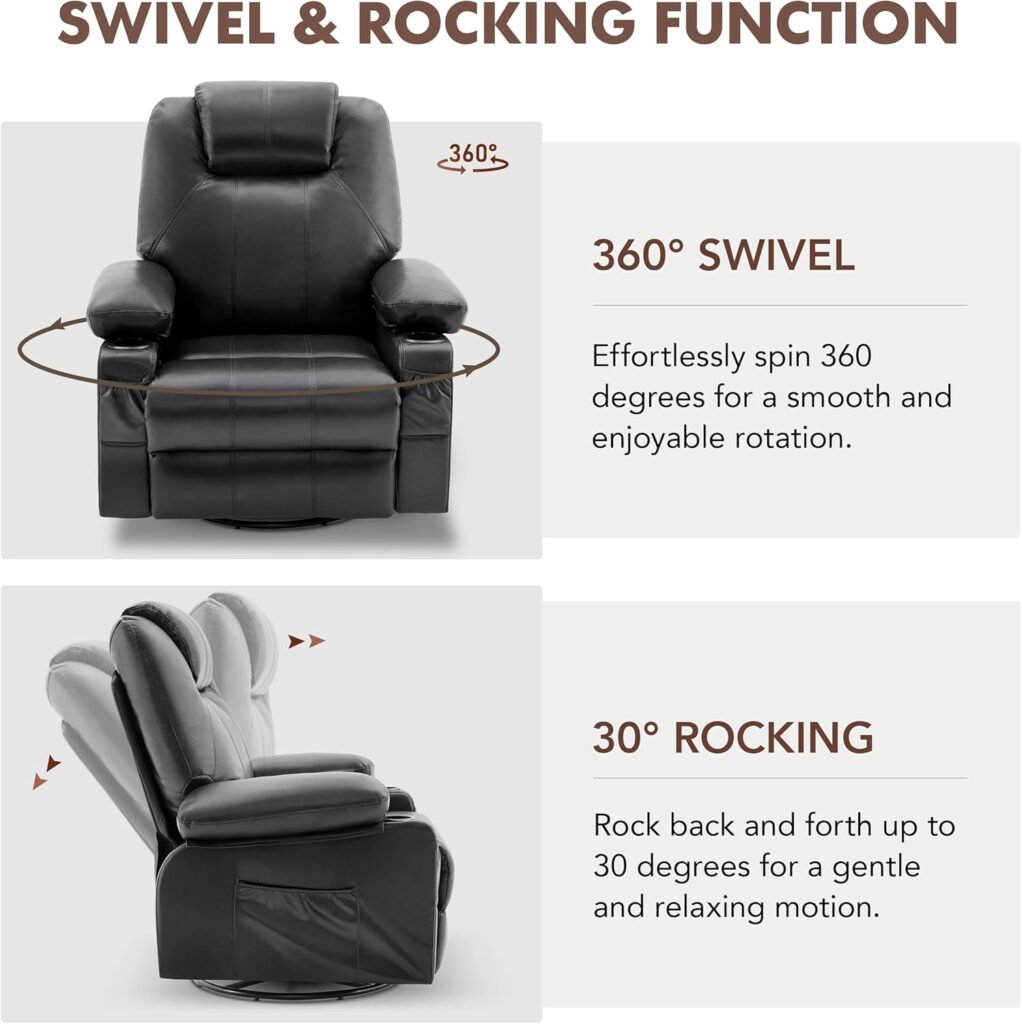 Oversized Swivel Rocker Recliner Chair with Heat and Massage, 360 Degree Swivel Rocking Single Sofa with Cup Holders and USB Port, Big Large Recliner Chair for Living Room (Fabric, Grey)