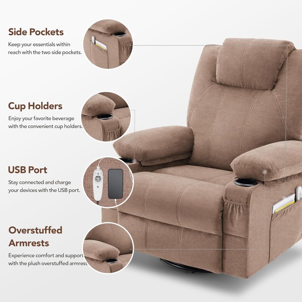 Oversized Swivel Rocker Recliner Chair with Heat and Massage, 360 Degree Swivel Rocking Single Sofa with Cup Holders and USB Port, Big Large Recliner Chair for Living Room (Fabric, Grey)
